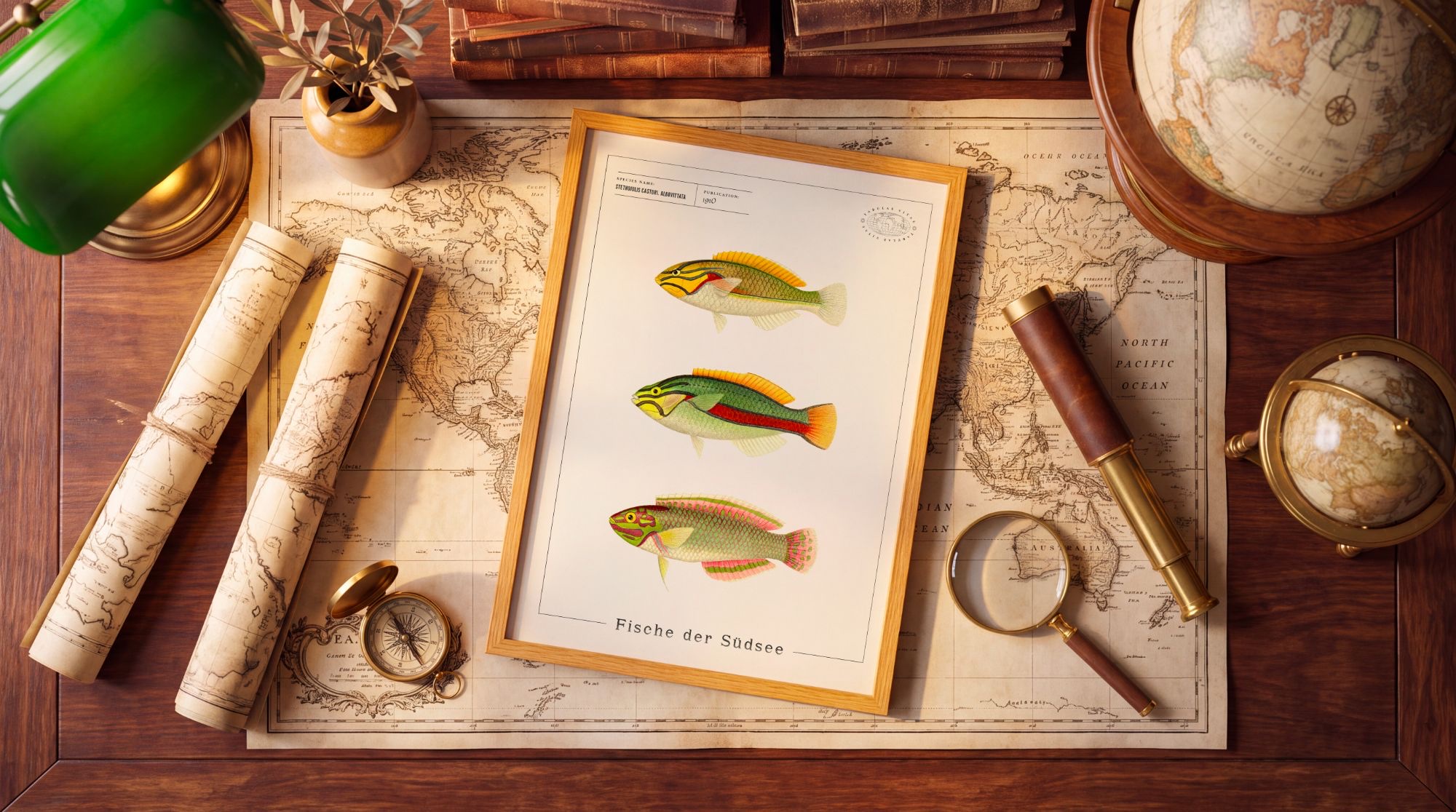 Planche Fische der Südsee encadrée posée sur des cartes anciennes, avec boussole, loupe, longue-vue et globes